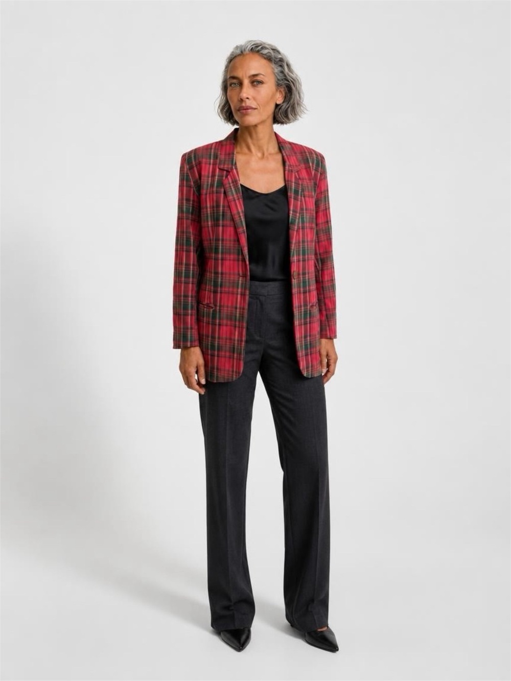 Red and Green Plaid Single-Button Blazer Jacket